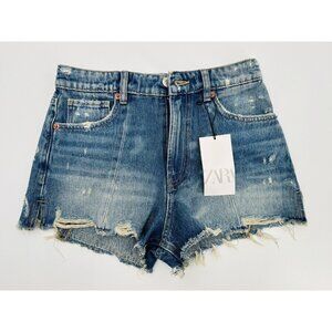 Zara Size 6 High Waist Rise Frayed Jean Shorts Denim Festival NWT
